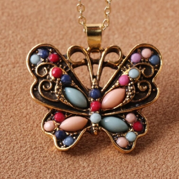Jewelry - Multi Color Gold Tone  Geometric Butterfly Necklace With Pretty Gems